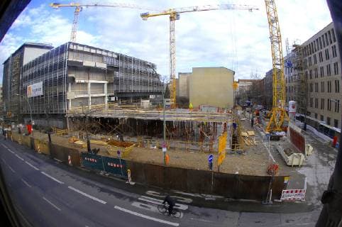 Construction site for Sony Music headquarters in Schoeneberg at Buelowstrasse corner Steinmetzstrasse after demolition of former Commerzbank building The headquarters comes from Munich to Berlin