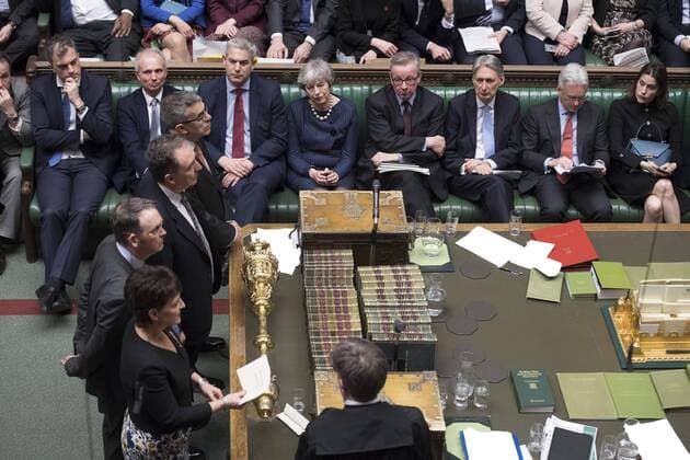 News Themen der Woche KW11 News Bilder des Tages (190314) -- LONDON, March 14, 2019 -- British Prime Minister Theresa May is seen during a vote in the House of Commons in London, Britain on March 14, 2019. British MPs on Thursday voted overwhelmingly to ask the European Union (EU) for an extension to Article 50 in the troubled Brexit process. r) HOC MANDATORY CREDIT: r BRITAIN-LONDON-ARTICLE 50-EXTENSION-VOTE UKxParliament JessicaxTaylo 