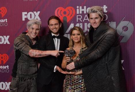 Michael Trewartha, Zedd (2-R), Maren Morris (2-R) and Kyle Trewartha, winner of Song of the Year for The Middle Grey appear backstage during the sixth annual iHeartRadio Music Awards at the Microsoft Theater in Los Angeles, California on March 14, 2019. The annual award show will broadcast live on FOX.  LAP20190314527 JIMxRUYMEN