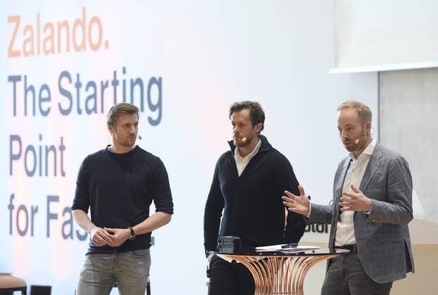 Chairman of the Executive Board David SCHNEIDER Robert GENTZ and Rubin RITTER l r Zalando Annual press conference at headquarters in Berlin Germany on 28 02 2019