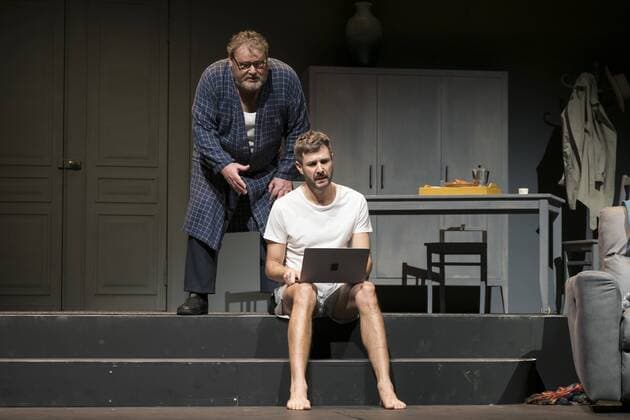Actor Walter Plathe as Pierre Jochen Schropp as Alex on 14 03 2019 at the photo rehearsal for the play MONSIEUR PIERRE GEHT ONLINE in the Berliner Komoedie am Kurfuerstendamm in the Schiller Theater Premiere 17 03 2019 Monsieur Pierre geht online Berlin