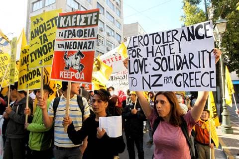 March 16, 2019 - Athens, Greece - Immigrants and activists shout slogans during an anti-racist protest in Athens during United Nations Anti-Racism Day. Athens Greece - ZUMAv62_ 20190316_zaf_v62_026 Copyright: xAristidisxVafeiadakisx