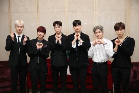 Members of South Korean boy group Astro attend a press conference for their 2nd Astroad to Taipei STAR LIGHT concert in Taipei, Taiwan, 15 March 2019. Cha Eun-woo winks with gestures for 2nd Astroad Taipei STAR LIGHT concert  bjl8031713