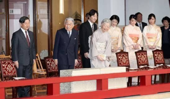 Japanese emperor at traditional music concert Japanese Emperor Akihito (2nd from L, front row), Empress Michiko (3rd from L, front row) and other imperial family members attend a spring concert for gagaku traditional imperial court music at the Imperial Palace in Tokyo on March 18, 2019. The concert was held to celebrate the 30th anniversary of the emperor s enthronement. (Pool photo) 