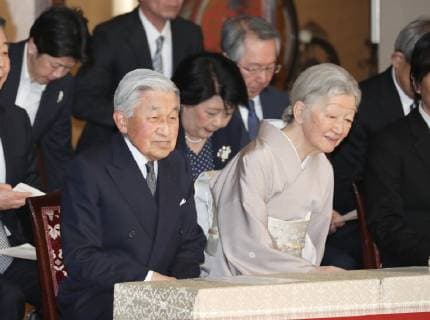 Japanese emperor at traditional music concert Japanese Emperor Akihito and Empress Michiko attend a spring concert for gagaku traditional imperial court music at the Imperial Palace in Tokyo on March 18, 2019. The concert was held to celebrate the 30th anniversary of the emperor s enthronement. (Pool photo) 