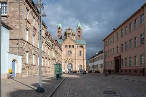 Cathedral in Speyer Reisen Germany Rhineland Palatinate Speyer City March 18 The Speyer Cathedral with lightly cloudy sky
