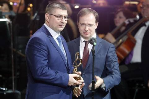 MOSCOW, RUSSIA â€“ MARCH 19, 2019: Viktor Karare (L), head of the Astana Opera Scenic Projects Implementation Management, and Russia s Culture Minister Vladimir Medinsky at a ceremony to present BraVo international classical music awards at the Bolshoi Theatre. Mikhail Japaridze TASS  TS0A51D4