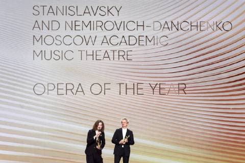 MOSCOW, RUSSIA â€“ MARCH 19, 2019: Conductor Philipp Chizhevsky (L) and stage director Konstantin Bogomolov at a ceremony to present BraVo international classical music awards at the Bolshoi Theatre. Mikhail Japaridze TASS  TS0A520C
