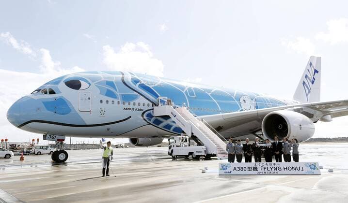 News Themen der Woche KW12 News Bilder des Tages Airbus A380 turtle plane A double-deck Airbus A380 plane featuring a turtle face design arrives at Narita airport near Tokyo on March 21, 2019, from France for All Nippon Airways to operate on the Narita-Honolulu route. 