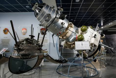 KHIMKI, MOSCOW REGION, RUSSIA â€“ MARCH 21, 2019: Soviet Luna-13 and Luna-10 unmanned interplanetary spacecraft on display at the Lavochkin Association, a Russian aerospace company manufacturing spacecraft and rocket upper stages. Gavriil Grigorov TASS  TS0A560D