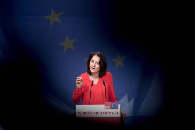 Katarina Barley - SPD Europa Konvent DEU, Deutschland, Germany, Berlin, 23.03.2019 Katarina Barley, Bundesjustizministerin SPD und Spitzenkandidatin fuer die Europawahl, waehrend des Parteikonvents zum Europawahlprogramm Europawahl 2019 in Berlin, Deutschland. Katarina Barley, Federal Minsiter for Justice SPD and top candidate of the SPD, during the presentation of the SPD Social Democratic Party of Germany election programm at a convention in Berlin, Germany, March 23, 2019. SPD members from across Germany have come to agree on the election policy platform ahead of European elections scheduled for May