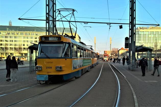 Tram in Leipzig from the Leipzig public transportation company Leipziger Verkehrsbetriebe The train runs line 15 to Miltitz