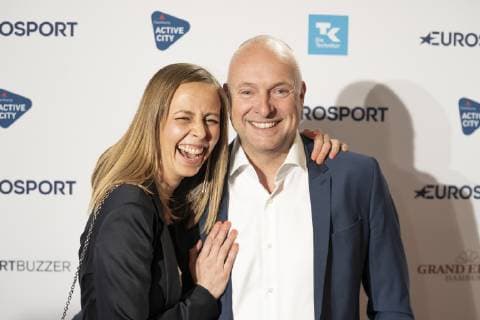 Award ceremony German Sports Journalist Award 2019 Red Carpet Gala Event at Grand Elysee Hamburg Moderator Lisa Heckl with Moderator Frank Buschmann Award ceremony German Sports Journalist Award 2019 Red Carpet Gala Event at Grand Elysee Hamburg Hamburg Hamburg Germany Hotel Grand Elysee