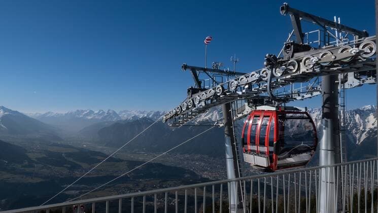 24 03 2019 Patscherkofel Innsbruck Tirol Austria winter winter landscape Patscherkofel cable car mountain station in the background the Nordkette and the Oberinntal valley