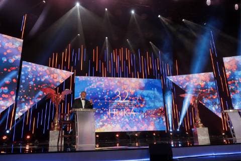 MOSCOW, RUSSIA â€“ MARCH 30, 2019: Nika founder and artistic director Yuli Gusman makes remarks at the 32nd Nika Film Award Ceremony. Vyacheslav Prokofyev TASS  TS0A66F8