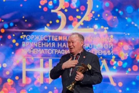 MOSCOW, RUSSIA â€“ MARCH 30, 2019: actor Yuri Kuznetsov accepts an award for Best Supporting Actor for his role in The Man Who Surprised Everyone at the 32nd Nika Film Award Ceremony. Vyacheslav Prokofyev TASS  TS0A674C