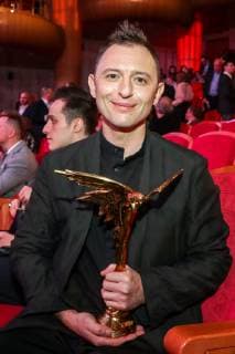 MOSCOW, RUSSIA â€“ MARCH 30, 2019: Musician and actor Roma Zver with an award for Breakthrough Actor for his role in Kirill Serebrennikov s film Leto Summer , at the 32nd Nika Film Award Ceremony. Vyacheslav Prokofyev TASS  TS0A6779