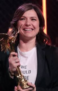 MOSCOW, RUSSIA â€“ MARCH 30, 2019: Director Darya Zhuk accepts an award for Best CIS, Georgia, and Baltic States Film for her movie The Crystal Swan at the 32nd Nika Film Award Ceremony. Vyacheslav Prokofyev TASS  TS0A6786