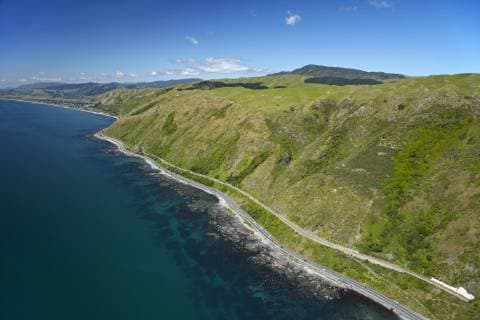 State Highway One and North Island Main Trunk Railway, between Paekakariki and Pukerua Bay, Wellington, North Island, New Zealand - aerial  Copyright: xDavidxWallx AU02 DWA8329