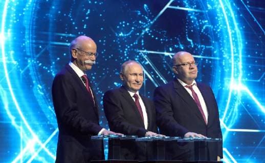 April 3, 2019. - Russia, Moscow Region. - From left: Daimler CEO Dieter Zetsche, Russian President Vladimir Putin and German Economy Minister Peter Altmaier during the opening ceremony of a Mercedes-Benz car assembly plant in the Yesipovo industrial park, outside the town of Solnechnogorsk. Daimler AG automotive giant has opened the new Mercedes-Benz car assembly plant that will assemble four models of cars, expecting to manufacture roughly 40,000 vehicles a year. KremlinxPool 