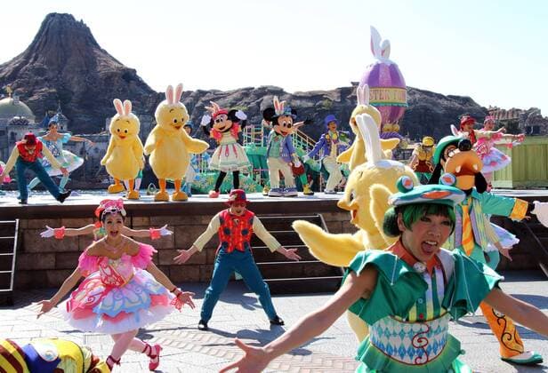 April 3, 2019, Tokyo, Japan - Disney character Mickey and Minnie Mouse perform on a stage with new character Usapiyos during a press preview of the new Easter attraction Tip-Top Easter at Tokyo DisneySea in Urayasu, suburban Tokyo on Wednesday, April 3, 2019. The Disney theme park operator Oriental Land announced that a record number of 32.56 million guests visited Tokyo Disneyland and Tokyo DisneySea during fiscal 2018 ending March 31 and coinciding with the 35th anniversary of Tokyo Disneyland.  (100501693)