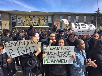 April 4, 2019 - Toronto, ONTARIO, Canada - Students at Newtonbrook Secondary School walked out of class to protest planned education cuts by Premier Doug Ford and the Ontario government on Thursday April 4, 2019 in Toronto, Ontario, Canada. Over 100,000 students from 700 schools from across Ontario walked out of their classrooms to participate in this massive walkout. The protest stems from the announced changes to the education system which includes an almost $100 million cut in job funding, the loss of 18,000 teaching jobs, the modification to the health and physical education curriculum, and an almost 30% increase in high school class sizes. Toronto Canada - ZUMAn230 20190404_zaa_n230_209 Copyright: xCreativexTouchxImagingxLtdx