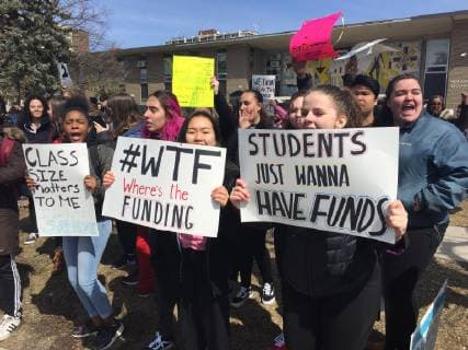 April 4, 2019 - Toronto, ONTARIO, Canada - Students at Newtonbrook Secondary School walked out of class to protest planned education cuts by Premier Doug Ford and the Ontario government on Thursday April 4, 2019 in Toronto, Ontario, Canada. Over 100,000 students from 700 schools from across Ontario walked out of their classrooms to participate in this massive walkout. The protest stems from the announced changes to the education system which includes an almost $100 million cut in job funding, the loss of 18,000 teaching jobs, the modification to the health and physical education curriculum, and an almost 30% increase in high school class sizes. Toronto Canada - ZUMAn230 20190404_zaa_n230_206 Copyright: xCreativexTouchxImagingxLtdx