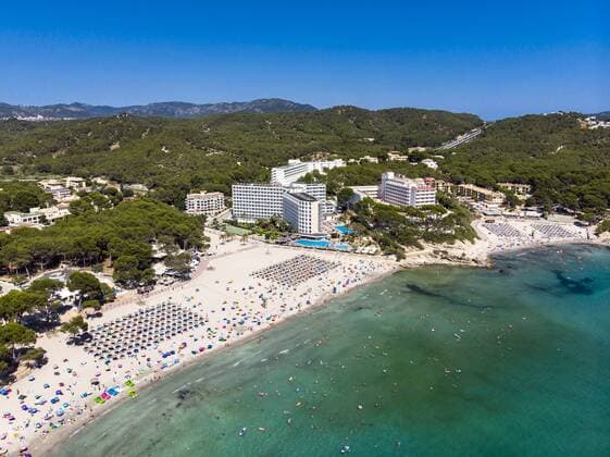 Spain, Balearic Islands, Mallorca, Region Calvia, Costa de la Calma, Peguera, Aerial view of beach with hotels  AMF06781