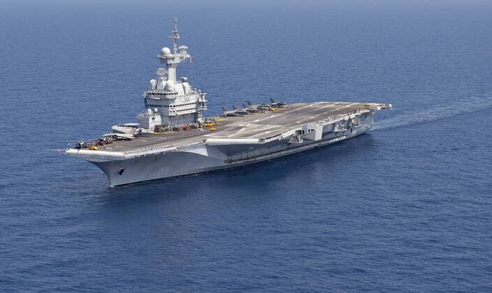French aircraft carrier Charles de Gaulle in the Mediterranean Friday, April 5, 2019 Niels Juel is part of the Task Force 473 is an aircraft carrier group with surface units both aircraft and aircraft and the French aircraft carrier Charles de Gaulle Larnaca Cyprus Denmark,  Copyright: HenningxBagger HenningxBaggerx cop105 spdk20190405-193758-L