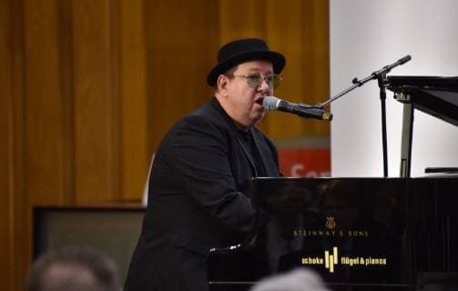 The singer Sebastian Krumbiegel plays and sings at the piano on 07 04 2019 in Cologne at the award ceremony of the Lew Kopolew Prize for Peace and Human Rights 2019 which was awarded this year to Captain Claus Peter Reisch and the Dresden Maritime Rescue Initiative Mission Lifeline e V.