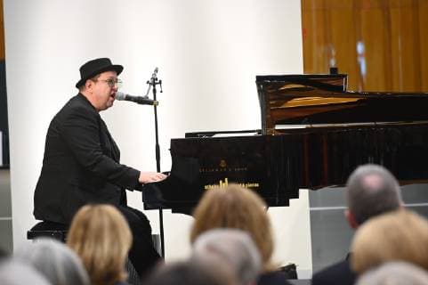 The singer Sebastian Krumbiegel plays and sings at the piano on 07 04 2019 in Cologne at the award ceremony of the Lew Kopolew Prize for Peace and Human Rights 2019 which was awarded this year to Captain Claus Peter Reisch and the Dresden Maritime Rescue Initiative Mission Lifeline e V.