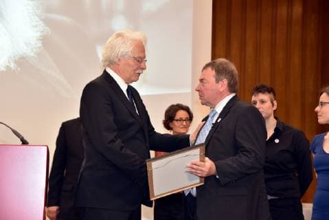 Journalist Thomas Roth l hands over the certificate to the laureates Lifeline Captain Claus Peter Reisch and staff of the Dresden Maritime Rescue Initiative Mission Lifeline on 07 04 2019 in Cologne at the award ceremony of the Lew Kopolew Prize for Peace and Human Rights 2019 which was awarded this year to Captain Claus Peter Reisch and the Dresden Maritime Rescue Initiative Mission Lifeline e V.
