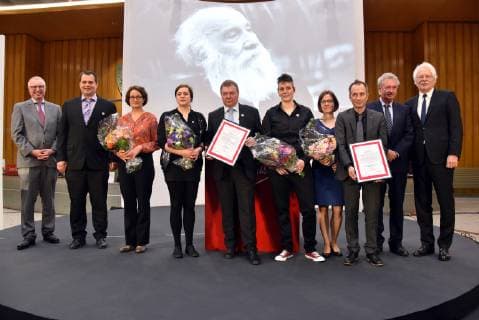 Head of the Kreissparkasse Köln Alexander Wüerst l Lifeline Captain Claus Peter Reisch 5 v l Laureate Staff of the Dresden Maritime Rescue Initiative Mission Lifeline and Luxembourgs Foreign Minister Jean Asselborn 2 v r r Journalist Thomas Roth r on 07 04 2019 in Cologne at the Lew Kopolew Prize for Peace and Human Rights 2019 awarded to Captain C