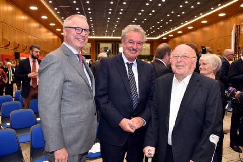 Head of Kreissparkasse Köln Alexander Wüerst Luxembourgs Foreign Minister Jean Asselborn and politician Norbert Blüm l r on 07 04 2019 in Cologne at the award ceremony of the Lew Kopolew Prize for Peace and Human Rights 2019 which this year was awarded to Captain Claus Peter Reisch and the Dresden Maritime Rescue Initiative Mission Lifeline e V