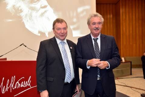 Laureate Lifeline Captain Claus Peter Reisch l r and Luxembourgs Foreign Minister Jean Asselborn on 07 04 2019 in Cologne at the Lew Kopolew Prize for Peace and Human Rights 2019 awarded to Captain Claus Peter Reisch and the Dresden Maritime Rescue Initiative Mission Lifeline e V this year
