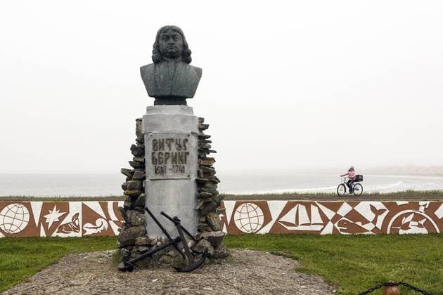 Russia, Commander Islands, Bering Island, Nikolskoye Village, Vitus Bering Monument  Copyright: xAlidaxLathamx EU26 ALA0031