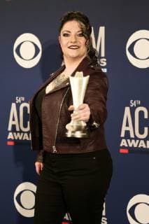 April 7, 2019 - Las Vegas, Nevada, United States - Ashley McBryde holds the trophy for winning ACM New Female Artist of the Year at the 54th Academy of Country Music Awards at MGM Grand Arena in Las Vegas, Nevada. Las Vegas United States - ZUMAw109 20190407_zap_w109_083 Copyright: xDebbyxWongx