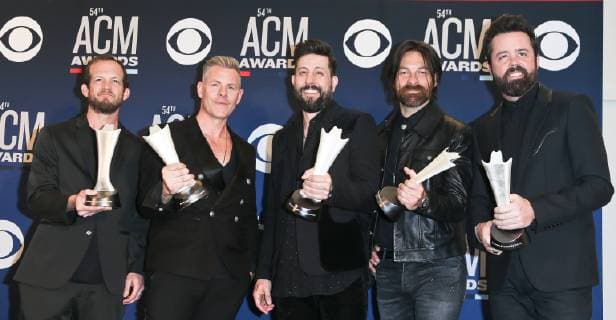 April 7, 2019 - Las Vegas, Nevada, United States - (L-R) Whit Sellers, Trevor Rosen, Matthew Ramsey, Geoff Sprung and Brad Tursi of Old Dominion hold the trophy for winning ACM Group of the Year at the 54th Academy of Country Music Awards at MGM Grand Arena in Las Vegas, Nevada. Las Vegas United States - ZUMAw109 20190407_zap_w109_072 Copyright: xDebbyxWongx