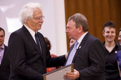 Thomas Roth and laureate Claus Peter Reisch at the Lew Kopelew Prize for Peace and Human Rights 2019, which was awarded this year to Captain Claus Peter Reisch and the Dresden Maritime Rescue Initiative Mission Life e V at the headquarters of Kreissparkasse Köln am Neumarkt Köln 07 04 2019 Foto:xC.xHardtx xFuturexImage