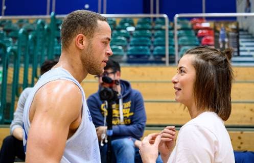 09 04 2019 xfux Basketball BBL Frankfurt Skyliners Training and press conference Bachelor Andrej Mangold azspor wispor emspor emonline v l Andrej Mangold Fraport Skyliners Frankfurt Jennifer Long girlfriend of Andrej Mangold Frankfurt