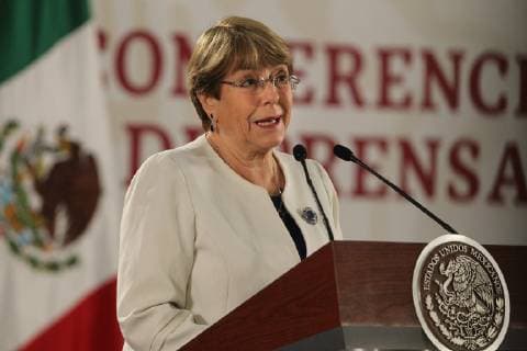 High Commissioner of the United Nations for Human Rights Michelle Bachelet speaks during a morning press conference at the National Palace, in Mexico City, Mexico, 09 April 2019. Bachelet wished on Tuesday that the National Guard end with the paradigm of security and violence of the last 12 years in Mexico, and offered help from the agency that heads. Bachelet expects National Guard to end paradigm of violence in Mexico !ACHTUNG: NUR REDAKTIONELLE NUTZUNG!  Copyright: xMarioxGuzmanx MEX9527 20190409-636904294102303993