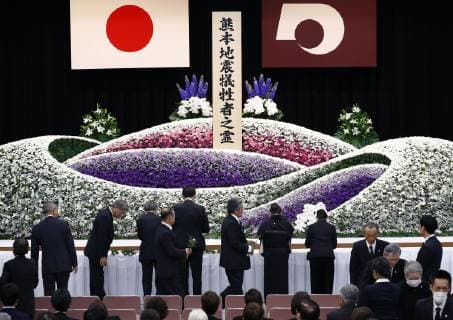 3rd anniversary of Kumamoto earthquakes People attend a memorial ceremony marking the third anniversary of devastating earthquakes in Kumamoto Prefecture, southwestern Japan, at the prefectural government office in Kumamoto city on April 14, 2019. A magnitude 6.5 quake hit on the same day in 2016, and in combination with an M7.3 temblor that struck two days later in Japan s Kyushu region, about 250 people were left dead. 