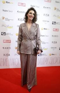 MOSCOW, RUSSIA - APRIL 14, 2019: Film director Natalya Merkulova arrives for the 2nd East â€“ West: Golden Arch award ceremony at Et Cetera Theatre; East â€“ West. Golden Arch is an international prize awarded to films made in Eastern Europe and Western Asia. Sergei Fadeichev TASS  TS0A82FE