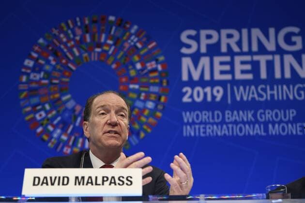 (190415) -- BEIJING, April 15, 2019 -- David Malpass, president of the World Bank, speaks during a press conference of the Spring Meetings 2019 in Washington D.C., the United States, April 11, 2019. ) Xinhua Headlines: World Bank, IMF call for multilateralism at delicate moment LiuxJie 