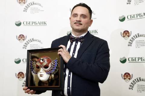 MOSCOW, RUSSIA - APRIL 16, 2019: Conductor Valery Shelepov receives the Best Conductor in Operetta-Musical award for the Vynil production by Krasnoyarsk s Musical Theatre at the 2019 Golden Mask award ceremony at the Historic Stage of the Bolshoi Theatre. Artyom Geodakyan TASS  TS0A86CC