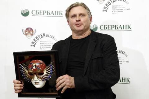 MOSCOW, RUSSIA - APRIL 16, 2019: Choreographer Yuri Posokhov receives the Best Balletmaster Best Choreographer in Ballet-Contemporary Dance award for the Nureev production at the Bolshoi Theatre in Moscow at the 2019 Golden Mask award ceremony at the Historic Stage of the Bolshoi Theatre. Artyom Geodakyan TASS  TS0A86D3