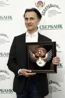 MOSCOW, RUSSIA - APRIL 16, 2019: Choreographer Alexei Narutto receives the Contemporary Dance Best Production award for the 40 production by Olga Timoshenko and Alexei Narutto Project (Moscow) at the 2019 Golden Mask award ceremony at the Historic Stage of the Bolshoi Theatre. Artyom Geodakyan TASS  TS0A86D7