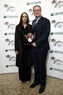 MOSCOW, RUSSIA - APRIL 16, 2019: Actress Audrey Bonnet (L) and Andrei Borisov, executive director of the Perm Opera and Ballet Theatre, receive the Opera Best Production award for the Jeanne au Bucher production by the Perm Opera and Ballet Theatre at the 2019 Golden Mask award ceremony at the Historic Stage of the Bolshoi Theatre. Artyom Geodakyan TASS  TS0A86DE