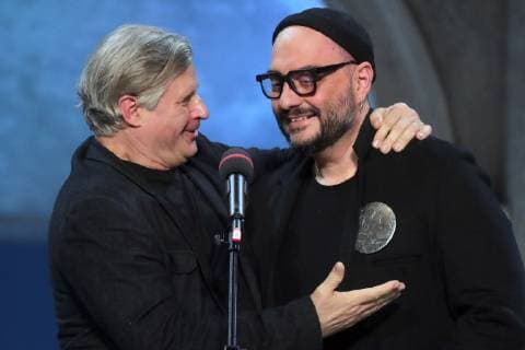 MOSCOW, RUSSIA - APRIL 16, 2019: Choreographer Yuri Posokhov (L) and Russian stage and film director Kirill Serebrennikov attend the 2019 Golden Mask award ceremony at the Historic Stage of the Bolshoi Theatre. Vyacheslav Prokofyev TASS  TS0A86F8