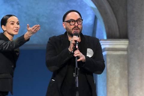 MOSCOW, RUSSIA - APRIL 16, 2019: Russian stage and film director Kirill Serebrennikov (R) attends the 2019 Golden Mask award ceremony at the Historic Stage of the Bolshoi Theatre. Vyacheslav Prokofyev TASS  TS0A86FB